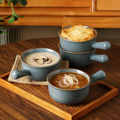 MONITO 26 Oz French Onion Soup Bowls, Ceramic Soup Bowls with Handles, Stackable Soup Crocks, Oven/Microwave/Dishwasher Safe, for Cereal, Soups, Casseroles