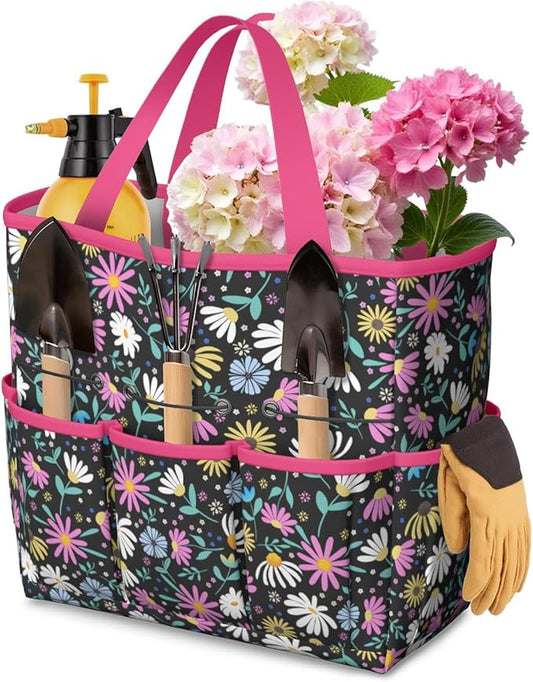 Floral Garden Tool Bag - Waterproof Garden Tote with 8 Pockets, Large Storage Home Organizer Gardening Tool Oxford Bag for Garden Tools Kits Holder, Ideal Outdoor Gardening Gift for Women & Men