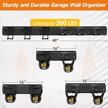 Garage Tool Organizer Wall Mount, Heavy Duty 48 Inches Garage Organization and Storage Racks for Yard Tools with 6 Hooks, Tool Hangers Holders for Hanging Folding Chair, Rake and Shovel