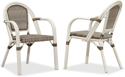 PURPLE LEAF French Bistro Chairs Set of 2 Patio Dining Chairs Hand-Woven Aluminum Wicker Rattan Armchairs for Kitchen Porch Garden White Print Finish Brown