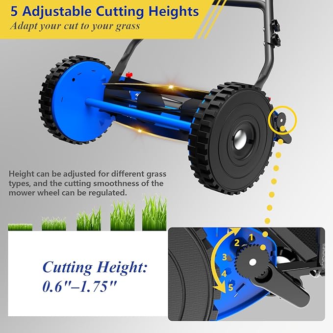 14-Inch Reel Lawn Mower with Tool-Free Blade Adjustment, 5-Blade Manual Push Lawn Mower, 5-Position Height Adjustable Hand Push Reel Mower for Small Yards