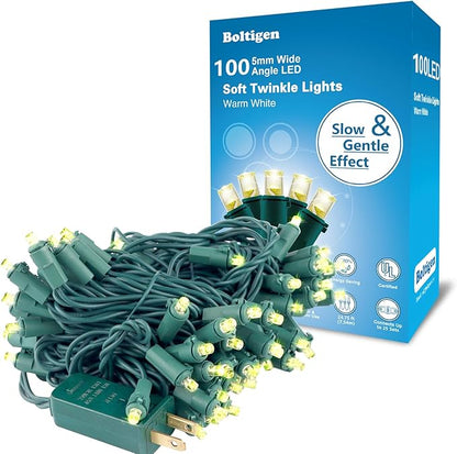Boltigen Soft Twinkle Lights, 100LED Slow Twinkling, 5mm Wide Angle Christmas Lights, UL Certified 27 Ft Extendable for Home Garden Indoor Outdoor Use Party Wedding Day Decoration