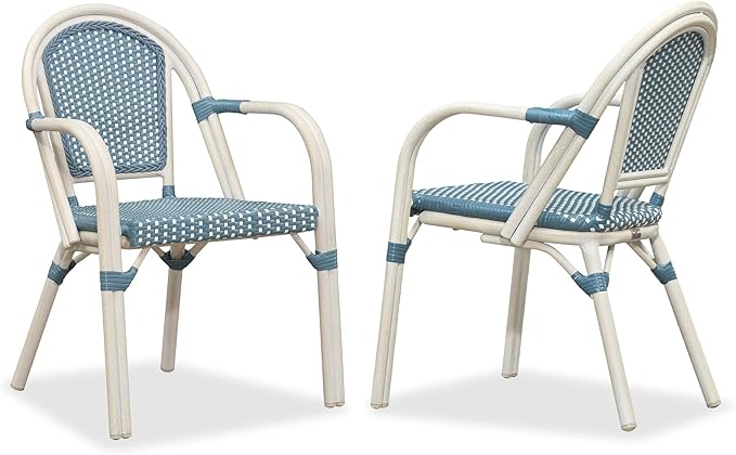 PURPLE LEAF French Bistro Chairs Set of 2 Hand-Woven Wicker Armchairs Outdoor Dining Chairs for Kitchen Porch Garden White Print Finish Light Blue