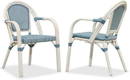 PURPLE LEAF French Bistro Chairs Set of 2 Hand-Woven Wicker Armchairs Outdoor Dining Chairs for Kitchen Porch Garden White Print Finish Light Blue