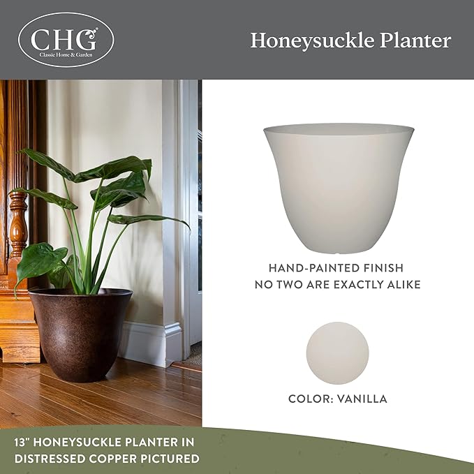 Classic Home and Garden Honeysuckle Resin Planters - Lightweight Indoor & Outdoor Plant Pots - UV-Resistant Plastic Flower Pots - Pot Planters for Flowers & Herbs (15" Vanilla White)