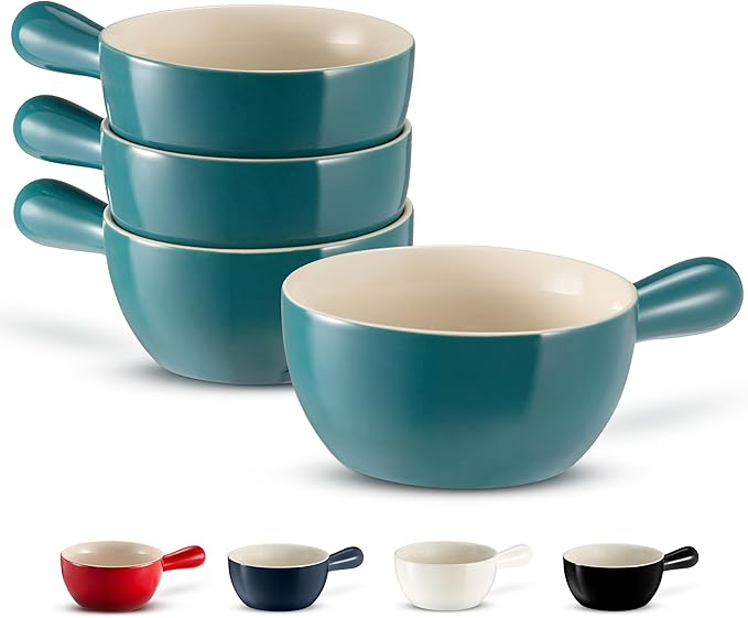 Kook French Onion Soup Crocks, Stackable Ceramic Bowls with Handles, Broil, Oven, Microwave and Dishwasher Safe, for Cereal, Soups, Casseroles, with Handle, 24 Oz, Set of 4, Teal Ombre