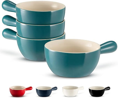 Kook French Onion Soup Crocks, Stackable Ceramic Bowls with Handles, Broil, Oven, Microwave and Dishwasher Safe, for Cereal, Soups, Casseroles, with Handle, 24 Oz, Set of 4, Teal Ombre