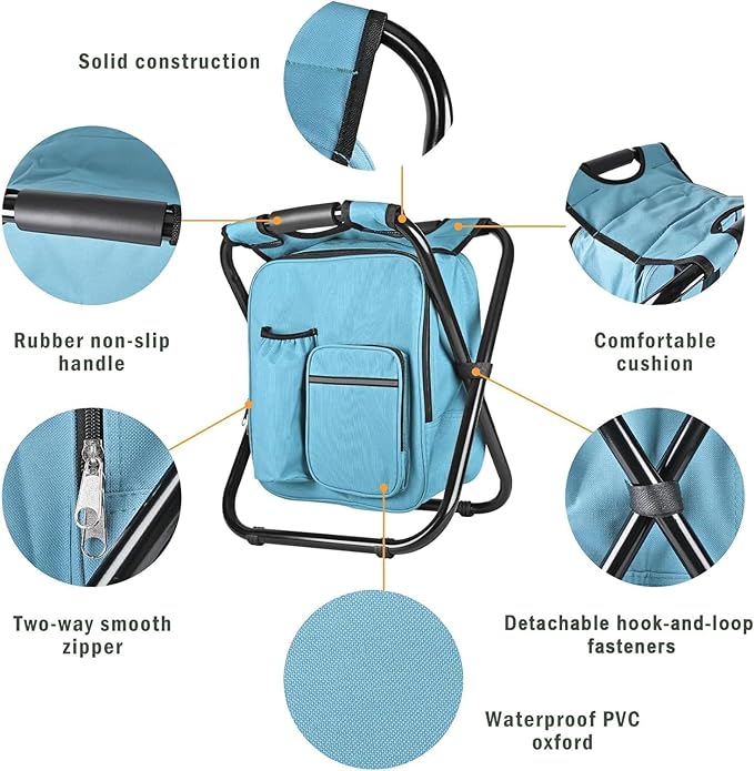 Kikerike Backpack Stool Cooler Chair Heavy Duty 300 LBS Max Load Portable Lightweight Folding Fishing Cooler for Camping Hunting Fishing - Sky Blue