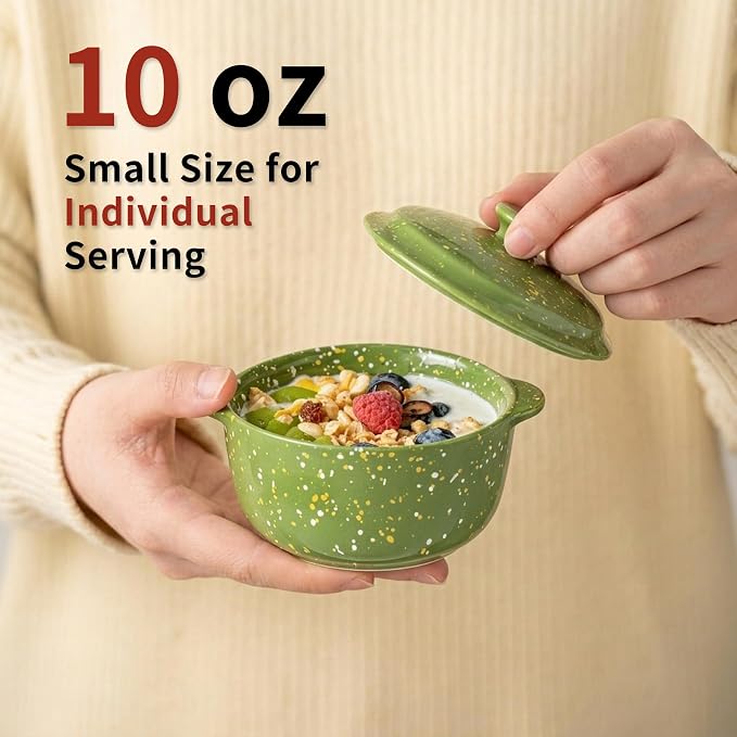 Ceramic Mini Cocotte Set of 4 for Oven,10 Oz Small Casserole Dishes with Handles and Lid,Individual Serving Pot for Souffle,Soup,Cobbler,Stoneware Baking Ramekins,Assorted Colors