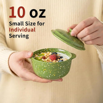 Ceramic Mini Cocotte Set of 4 for Oven,10 Oz Small Casserole Dishes with Handles and Lid,Individual Serving Pot for Souffle,Soup,Cobbler,Stoneware Baking Ramekins,Assorted Colors