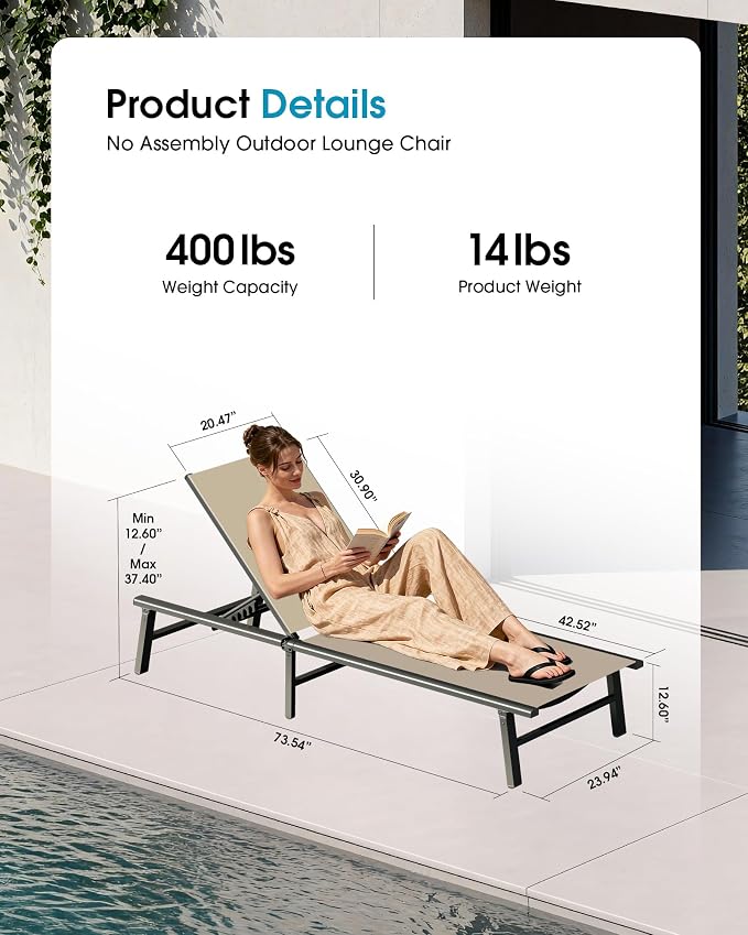 Ciokea Foldable Outdoor Lounge Chair Set of 2, No Assembly Aluminum Chaise Lounge Outdoor with 5 Adjustable Positions, Pool Lounge Chairs with Portable Design for Pool, Deck, Beach, Patio (Khaki)