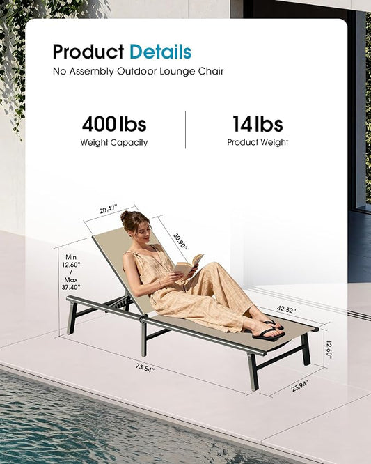 Ciokea Foldable Outdoor Lounge Chair Set of 4, No Assembly Aluminum Chaise Lounge Outdoor with 5-Positions, Aluminum Pool Lounge Chairs with Portable Design for Pool, Deck, Beach, Patio (Khaki)