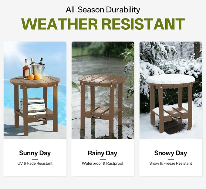 Outdoor Side Table Round - Patio Side Tables - HDPE Small Outdoor End Table for Backyard Pool Porch Balcony - Double Layer Storage - Light Brown (Wood Grain Finish)