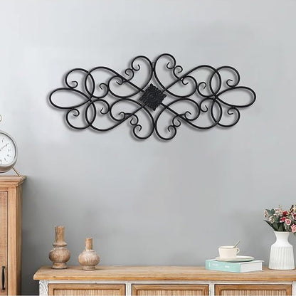 Sintosin Black Wrought Iron Wall Decor 32" x 13", Hanging Flower Scroll Metal Wall Art Decor, Living Room Wall Decor, Vintage House Decorations for Indoor Outdoor Fireplace Bedroom