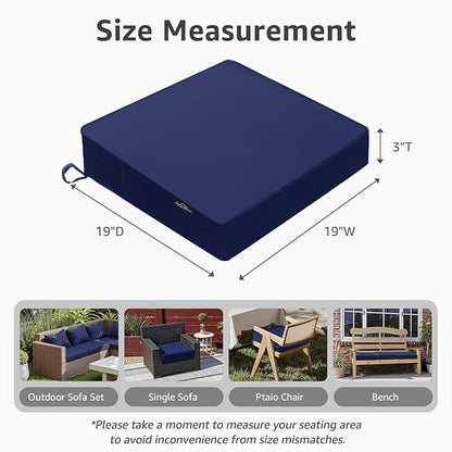 PatioGlow Outdoor Chair Cushions 19 x 19 x 3 Inch, Waterproof & Fade Resistant Patio Seat Cushion for Furniture with Handle and Ties, Thick Seating Pads for Outside Sofa Couch Set of 2, Dark Blue
