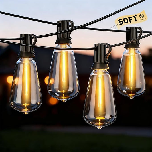 Outdoor String Lights, LED Outdoor Patio Lights Waterproof 50FT with 25+2 Shatterproof ST38 LED Bulbs, 2700K Outside Hanging Light for Backyard, Porch, Deck, Garden, Home Decor