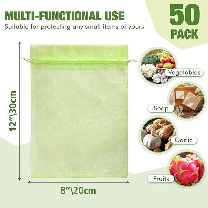 50 Pcs Drawstring Fruit Protection Bags, 8×12 Inch Green Mesh Fruit Net Covers, Anti-Bird Anti-Insect Garden Protective Bags for Fruit Tree, Tomato, Strawberry, Apple, Cherry, Grapes and Vegetables