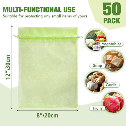 50 Pcs Drawstring Fruit Protection Bags, 8×12 Inch Green Mesh Fruit Net Covers, Anti-Bird Anti-Insect Garden Protective Bags for Fruit Tree, Tomato, Strawberry, Apple, Cherry, Grapes and Vegetables