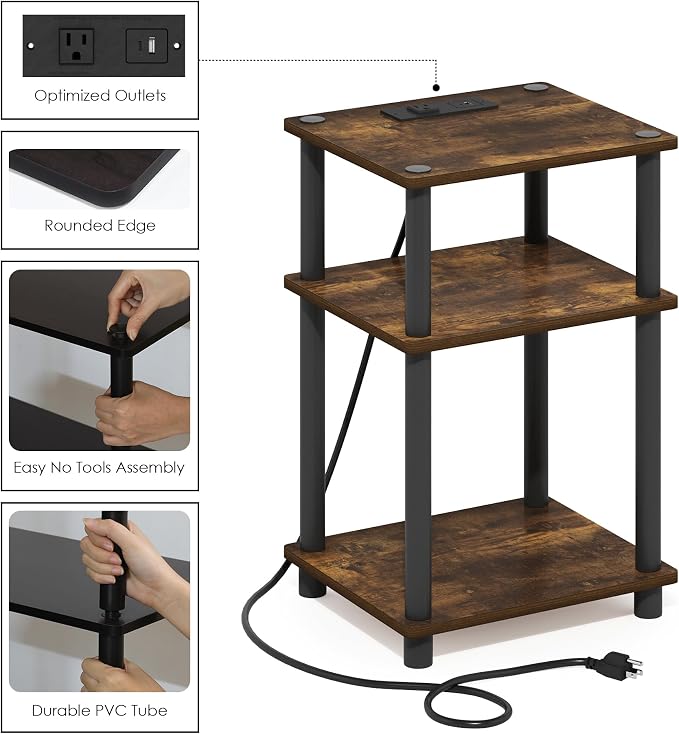 Furinno JUST Side Table, 3-Tier Modern End Table with Charging Station, Easy Assembly Night Stand, Bedside Table with USB and Type-C Port, for Living Room, Bedroom, Amber Pine