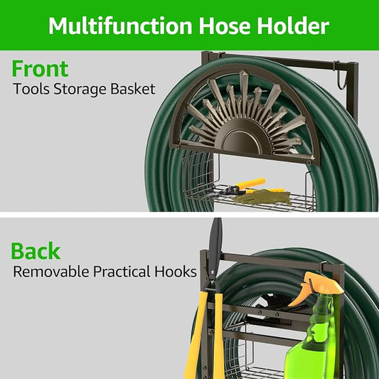 GOFORWILD Garden Hose Holder with Brass Faucet, Freestanding Water Hose Stand with Storage Basket, Detachable Heavy Duty Hose Reel Hanger Holds 150-Feet Hose for Outside Patio Yard Lawn