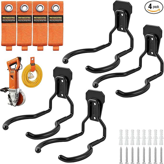 Heavy Duty Garden Power Tool Hanger, Garage Storage Utility Hooks with Storage Straps, Electric Tool Hooks, String Trimmer Hangers, Garden Tool Organizer, Weedeater Rack (4, Black)