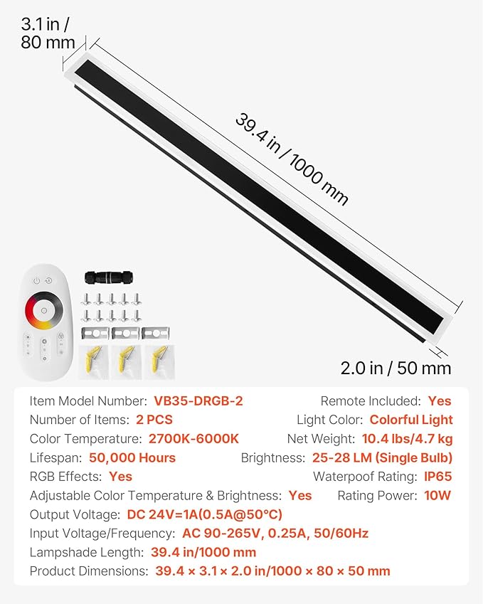 VEVOR Outdoor Wall Lights, 2 Pack, 39.4 Inch Long RGB Modern Exterior Wall Sconce Light Fixtures, 2700K-6000K, IP65 Waterproof Anti-Rust, Dimmable Outside Wall Mount Lighting, for House Porch Garage