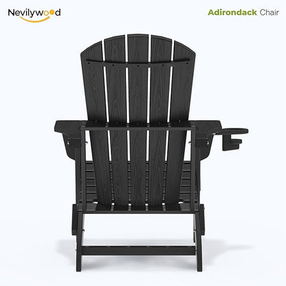 nevilywood Folding Adirondack Chair, Ergonomic Extended Backrest, HDPE All-Weather, 380lbs Capacity, Maintenance-Free, Cup Holder, （Black）- Outdoor Patio & Firepit Chair