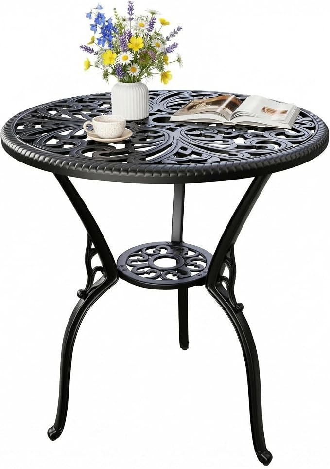 IDEALHOUSE Patio 23''Cast Aluminum Side Table with Umbrella Hole,Outdoor Small Coffee Tables,Anti-Rust Bistro Table,Round End Table,Outdoor Furniture for Indoor,Patio,Garden,Porch,Balcony(Retro Black)