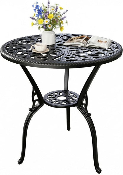 IDEALHOUSE Patio 23''Cast Aluminum Side Table with Umbrella Hole,Outdoor Small Coffee Tables,Anti-Rust Bistro Table,Round End Table,Outdoor Furniture for Indoor,Patio,Garden,Porch,Balcony(Retro Black)