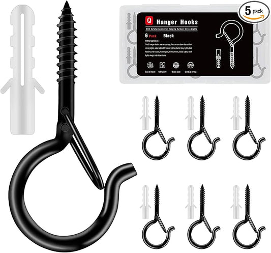 6 Pack Black Screw Hooks with Safety Buckle - 2.3 Inch Rustproof Eye Ceiling Hooks for Hanging Plants,Outdoor String Lights,Baskets,Christmas Lights & Decor,40lb Capacity (6, Black)