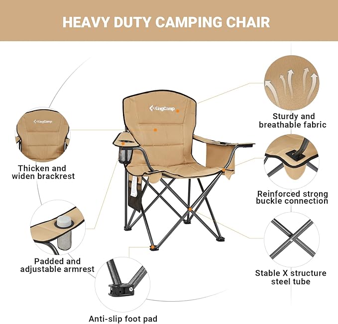 KingCamp 2 Pack Oversized Camping Chair for Adults Folding Chairs Heavy Duty 300lbs Camp Chair Padded Outdoor Chair with Cooler Bag, Cup Holder, Side Pocket for Garden Fishing Picnic Sports…