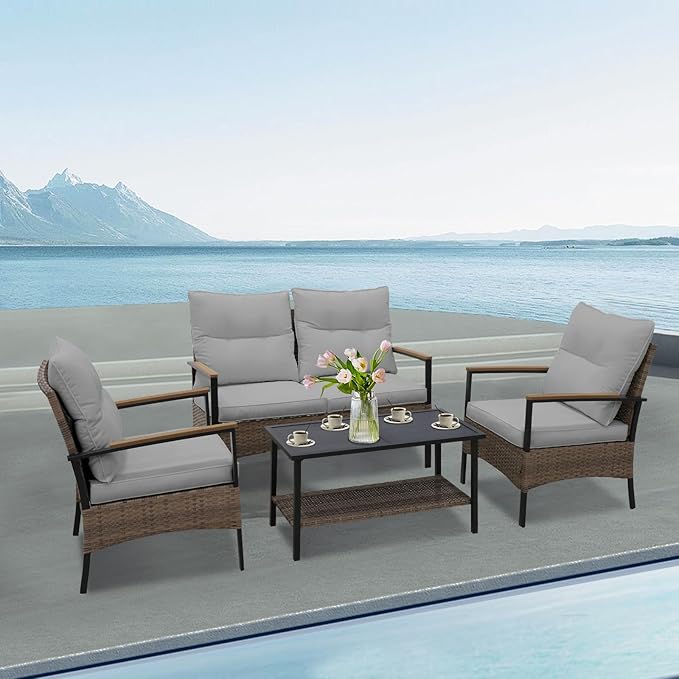 Sunset Escape Wicker Outdoor Furniture, Modern Sofa and Chair Set of 4, Rattan Patio Conversation Set, 2 Patio Chairs, Loveseat and Coffee Table, Brown/Gray