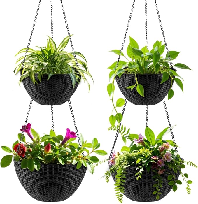 Hanging Planters for Indoor Outdoor Plants 8 and 10 Inch, 4 Packs Plant Hanger with Drainage Holes, Hanging Basket Flower Pot Perfect for Home, Office and Garden, Black