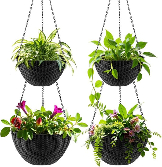 Hanging Planters for Indoor Outdoor Plants 8 and 10 Inch, 4 Packs Plant Hanger with Drainage Holes, Hanging Basket Flower Pot Perfect for Home, Office and Garden, Black