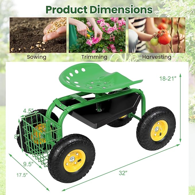 Goplus Garden Seat with Wheels, Rolling Garden Cart with Adjustable 360° Swivel Seat, Tool Tray, Basket for Lawn, Yard, Patio, Heavy Duty Gardening Stool, Outdoor Wagon Scooter for Seniors