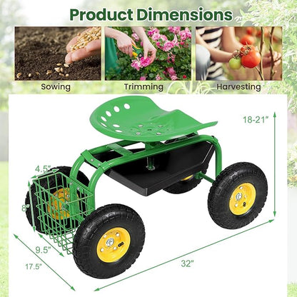 Goplus Garden Seat with Wheels, Rolling Garden Cart with Adjustable 360° Swivel Seat, Tool Tray, Basket for Lawn, Yard, Patio, Heavy Duty Gardening Stool, Outdoor Wagon Scooter for Seniors