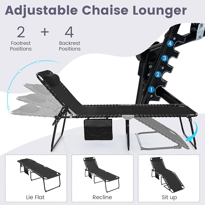 Tangkula Beach Lounge Chair for Outside, Folding Chaise Lounge Outdoor with 4-Position Backrest, Removable Headrest and Side Pocket, Portable Sunbathing Tanning Chair for Patio, Poolside (2, Black)