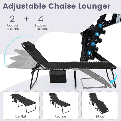 Tangkula Beach Lounge Chair for Outside, Folding Chaise Lounge Outdoor with 4-Position Backrest, Removable Headrest and Side Pocket, Portable Sunbathing Tanning Chair for Patio, Poolside (2, Black)