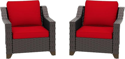 Patio 2 Pieces Wicker Chairs Set of 2，Outdoor PE Rattan Armchairs, Water-Resistant Cushions with Removable and Washable Covers, Porch, Balcony, Sunroom (Red)