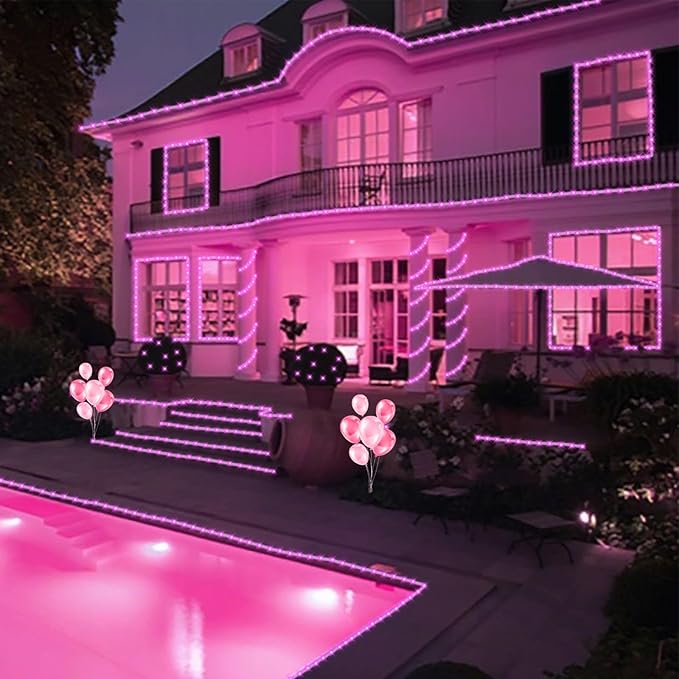 YEGUO Solar Christmas Lights Outdoor Waterproof, 2 Packs Each 33ft 100 LED Rope Lights, 8 Modes Fairy String Lights in Clear Thin Tube for Camping Fence Patio Garden Trampoline Deck(Pink)