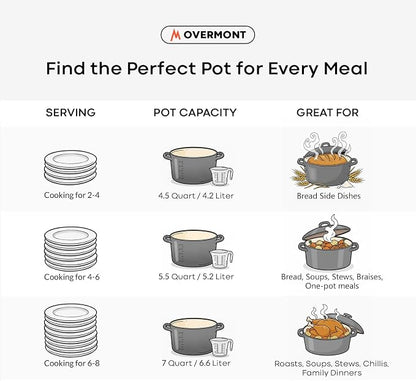 Overmont Enameled Cast Iron Dutch Oven - 5.5QT Pot with Lid Cookbook & Cotton Potholders - Heavy-Duty Cookware for Braising, Stews, Roasting, Sourdough Baking Grey