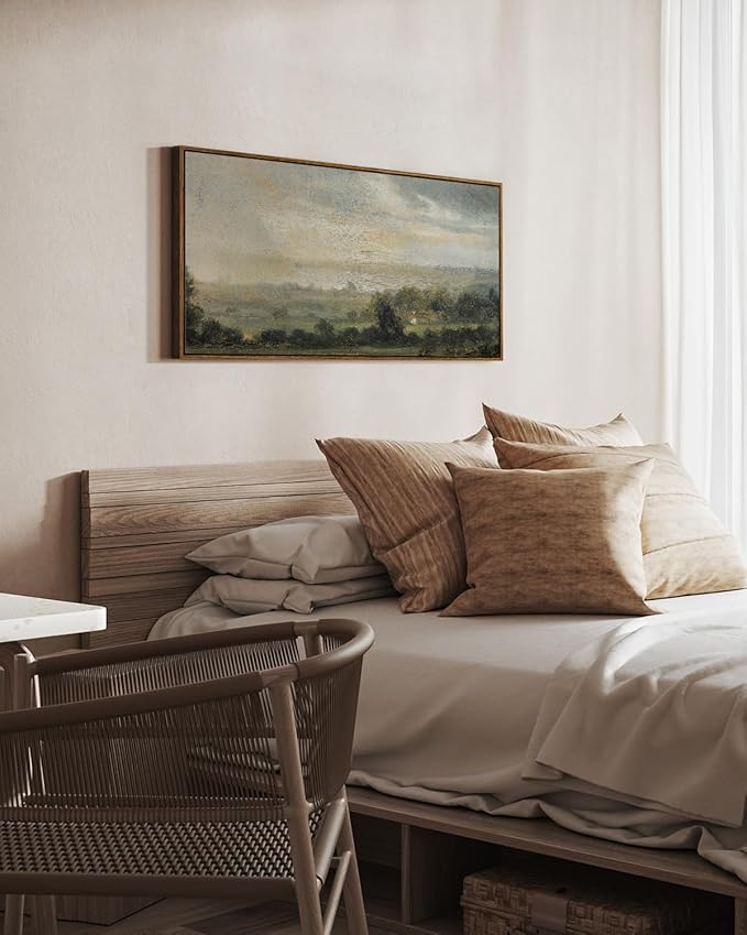 InSimSea Extra Large Framed Vintage Wall Art, Living Room Country Farmhouse Decor, Wild Field under Sky Landscape Paintings, Canvas Prints, Scenery Long Picture for Bedroom Above of Bed,20x40inch