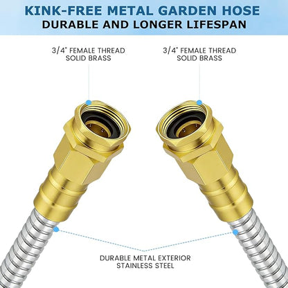 Short Stainless Steel Metal Garden Hose 3 ft, 3/4" Female to Female Solid Brass Connector, Small Leader Hose for Hose Reel, Durable, Flexible, Lightweight, Outdoor Water Hose Extension Adapter