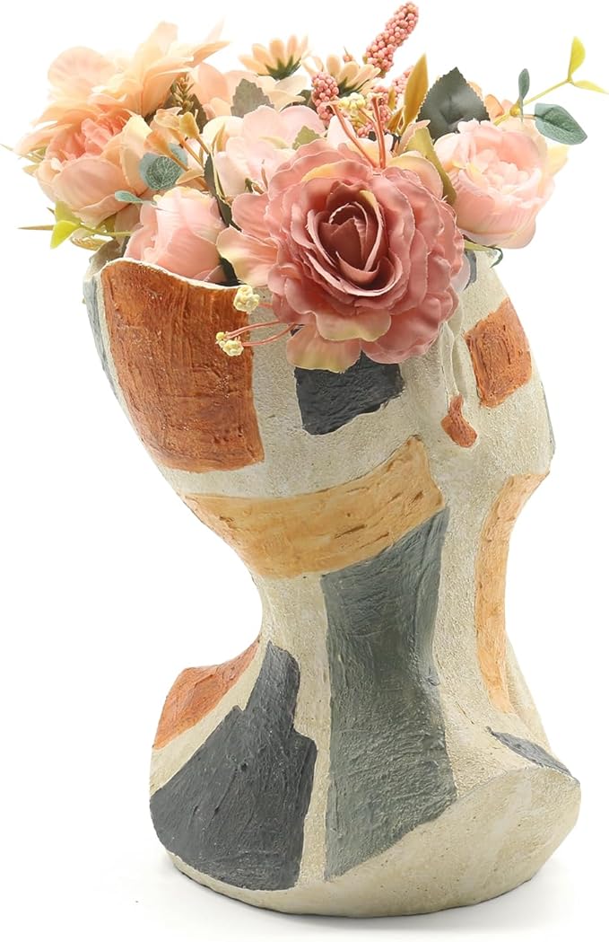 Lukitas Abstract Face Planter, Faux Sandstone Decorative Vase, Colorful Handcrafted Artistic Flower Plant Pot for Garden Patio Living Room, Resin 10.5''