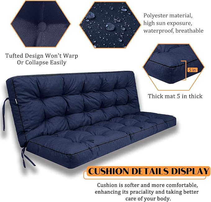 Swing Replacement Seat Cushions, 2-3 Seater Bench Cushions for Outdoor Furnitur with Backrest, Garden Recliner Seat Cushions Waterproof Sofa Pads (Dark Blue, 70.8x40in)