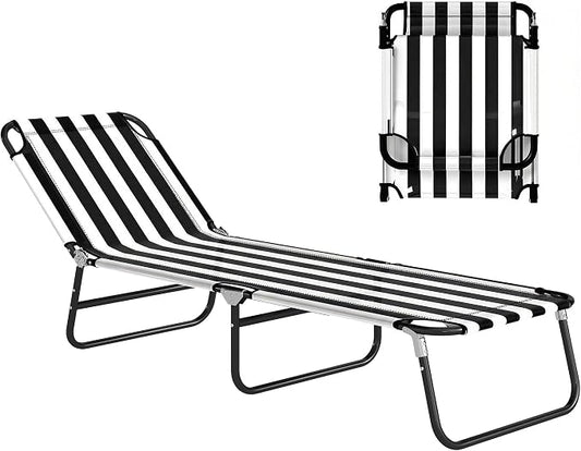 Outsunny Folding Chaise Lounge Chair with 5-Level Back, Black and White | Pool Sun Tanning Chairs, Breathable Mesh Seat, Headrest, for Pool, Beach, Yard, Patio, Outside