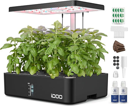 iDOO Hydroponics Growing System Kit 12Pods, Indoor Herb Garden with LED Grow Light, Built-in Fan, Auto-Timer, Adjustable Height Up to 11.3", for Home School Office, Gifts for Women Men Fathers