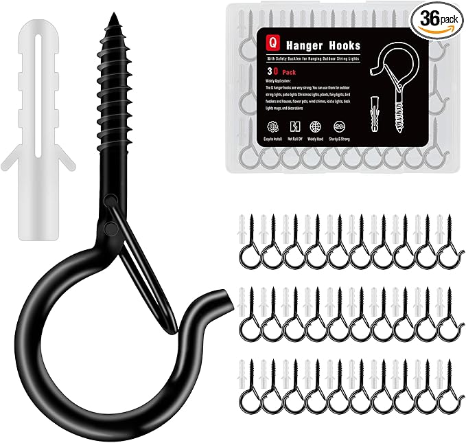 36 Pack Black Screw Hooks with Safety Buckle - 2.3 Inch Rustproof Eye Ceiling Hooks for Hanging Plants,Outdoor String Lights,Baskets,Christmas Lights & Decor,40lb Capacity (36, Black)