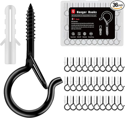 36 Pack Black Screw Hooks with Safety Buckle - 2.3 Inch Rustproof Eye Ceiling Hooks for Hanging Plants,Outdoor String Lights,Baskets,Christmas Lights & Decor,40lb Capacity (36, Black)