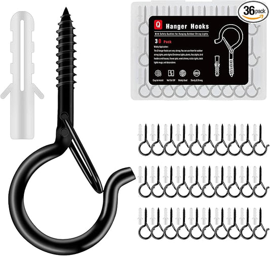36 Pack Black Screw Hooks with Safety Buckle - 2.3 Inch Rustproof Eye Ceiling Hooks for Hanging Plants,Outdoor String Lights,Baskets,Christmas Lights & Decor,40lb Capacity (36, Black)